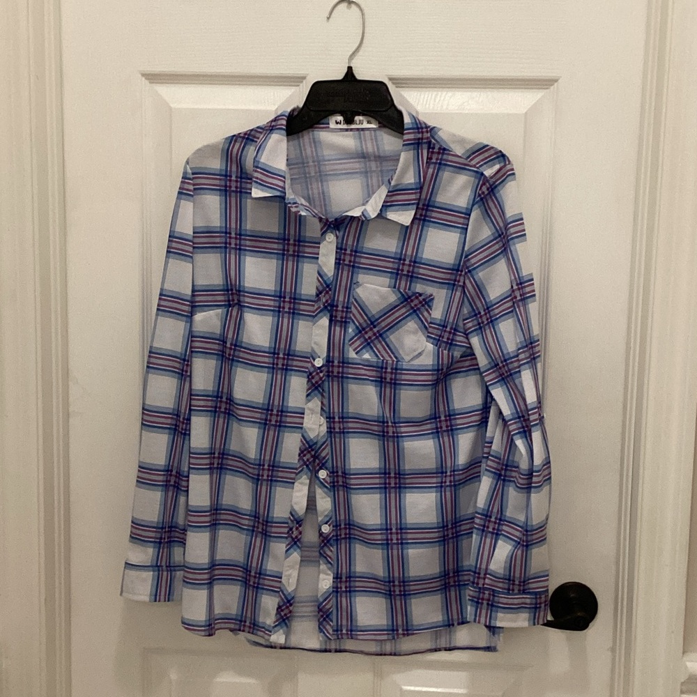 Doublju Blue and Red Plaid Button Down Shirt